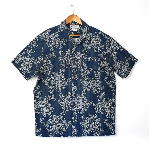 Columbia Blue Hawaiian Print Button Up Shirt Large - Picture 1 of 9